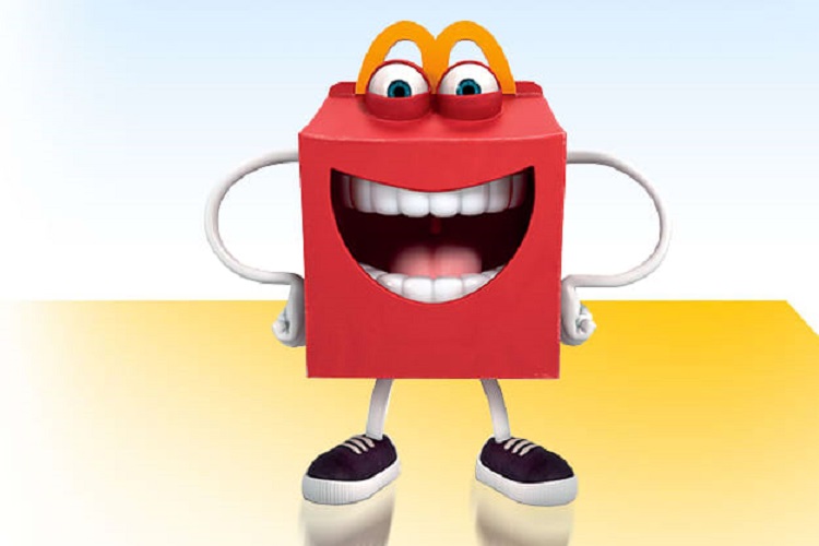 Bright red fast-food meal box mascot costume with a wide grin posing energetically