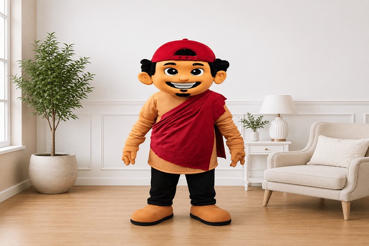 Smiling human character mascot costume with a red cap and tan tunic greeting visitors