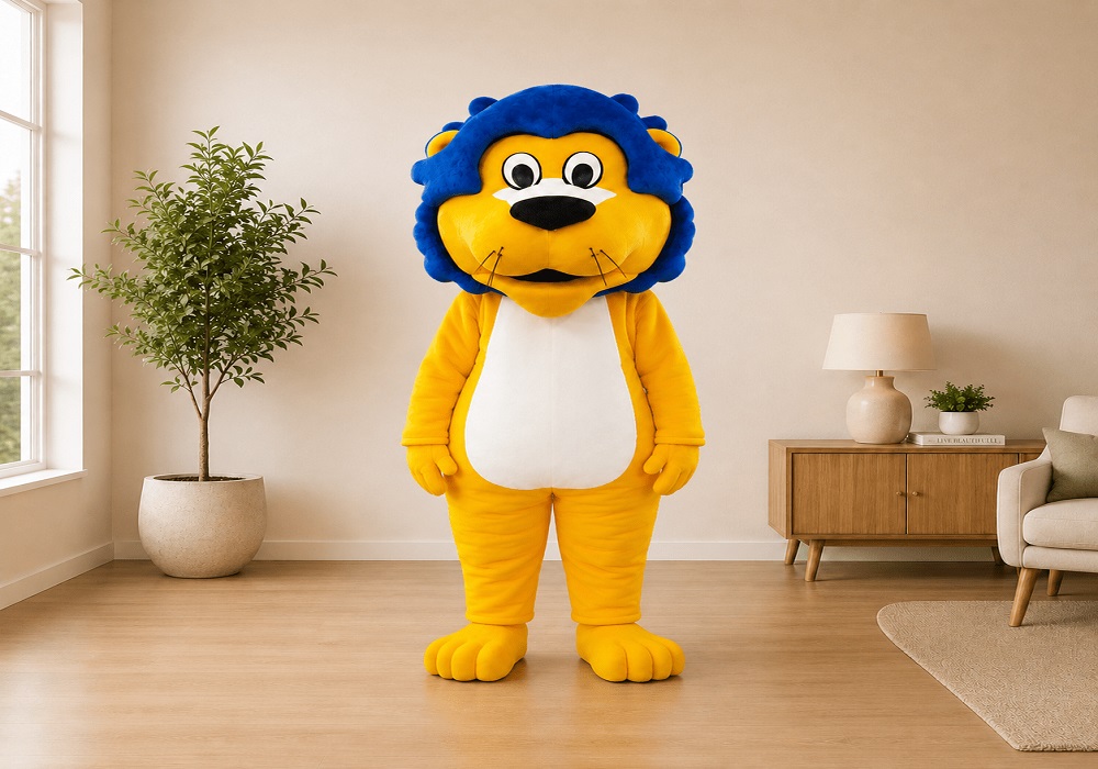 Yellow lion mascot costume with a blue mane posing for photographs at an indoor brand activity