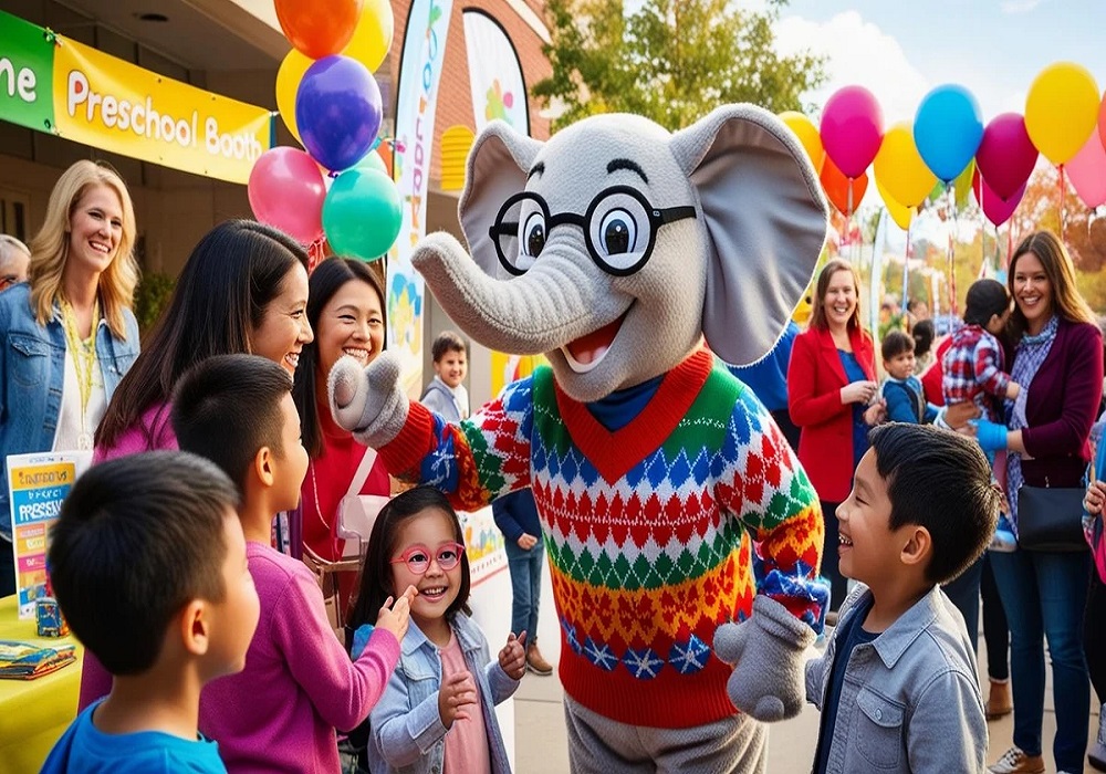 Grey elephant mascot in a knitted sweater interacting with children and parents at an outdoor promotional event