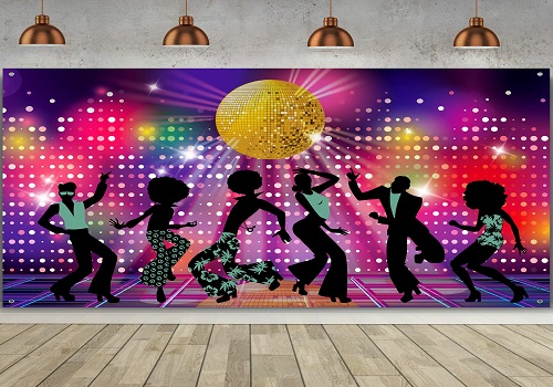 Disco theme party with mirror ball and coloured dance floor lighting