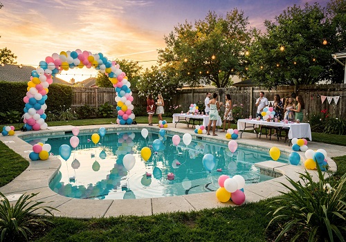 Pool party theme with guests relaxing beside a swimming pool in summer