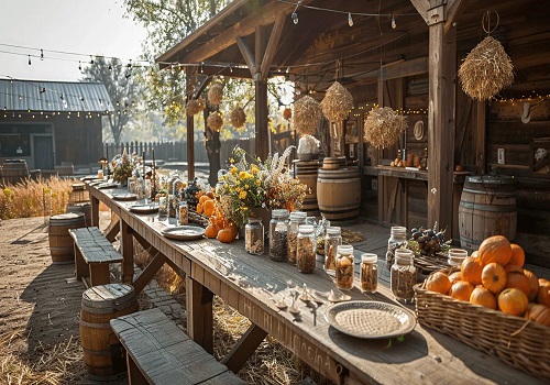 Wild West theme party decor with cowboy hats and saloon-style props